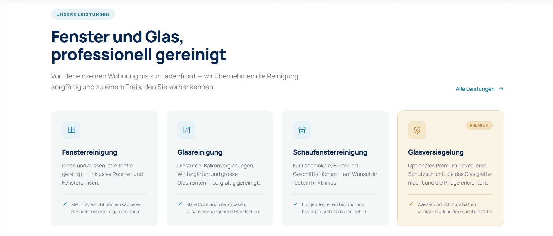 Vier Leistungen nebeneinander: Fensterreinigung, Glasreinigung, Schaufensterreinigung und Glasversiegelung