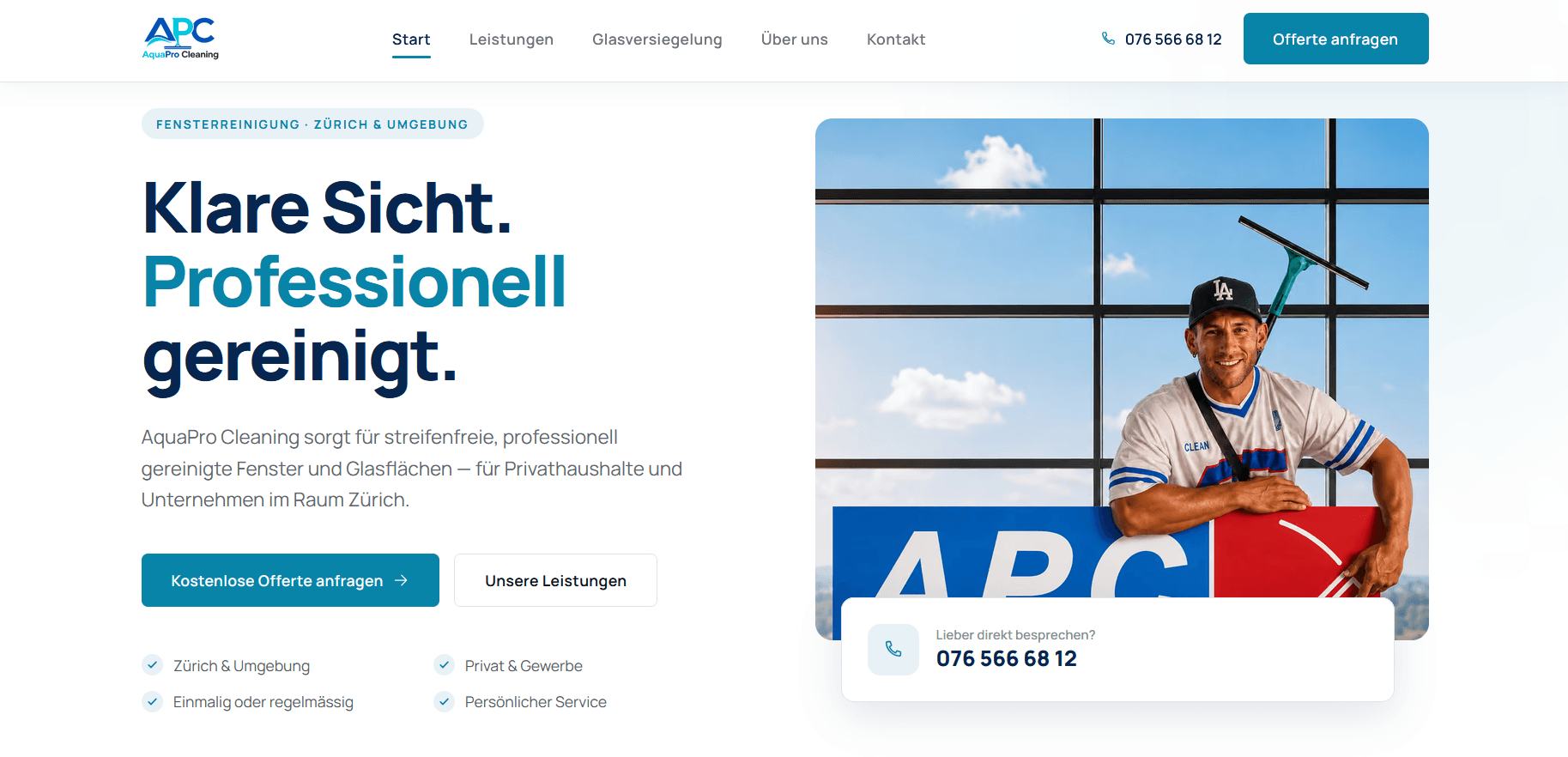 Startseite von AquaPro Cleaning mit der Überschrift „Klare Sicht. Professionell gereinigt.“