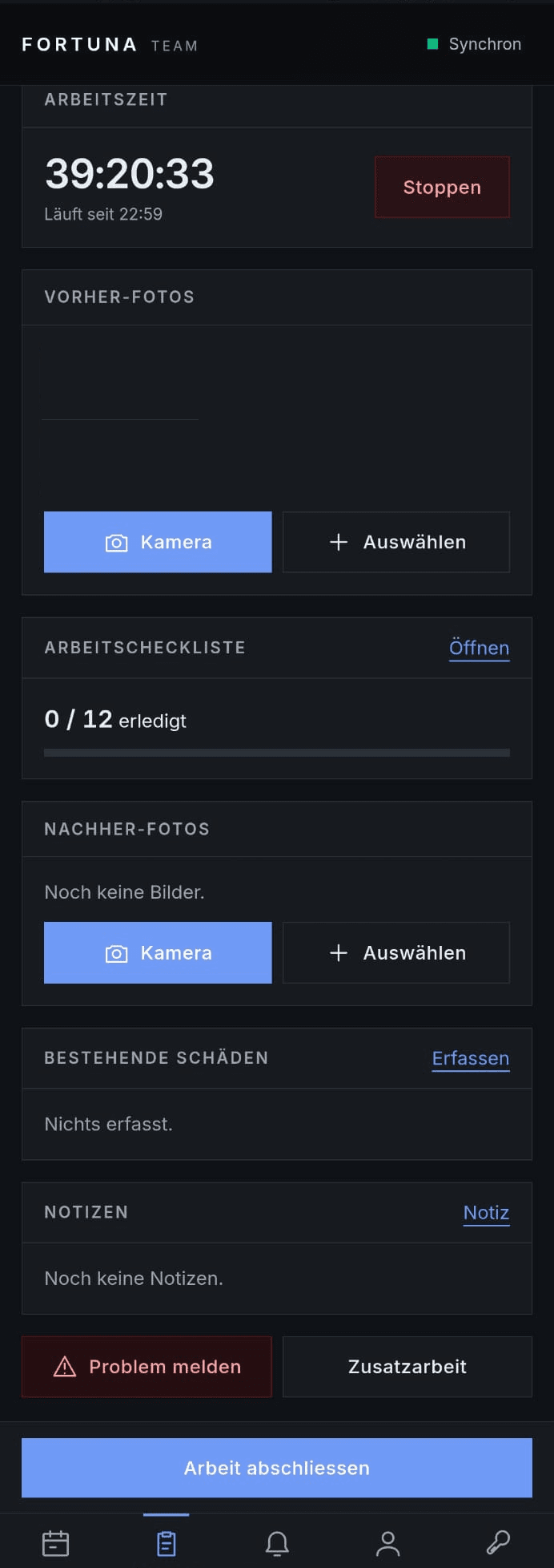 Laufende Zeiterfassung, Vorher- und Nachher-Fotos, Arbeitscheckliste und Schadenserfassung