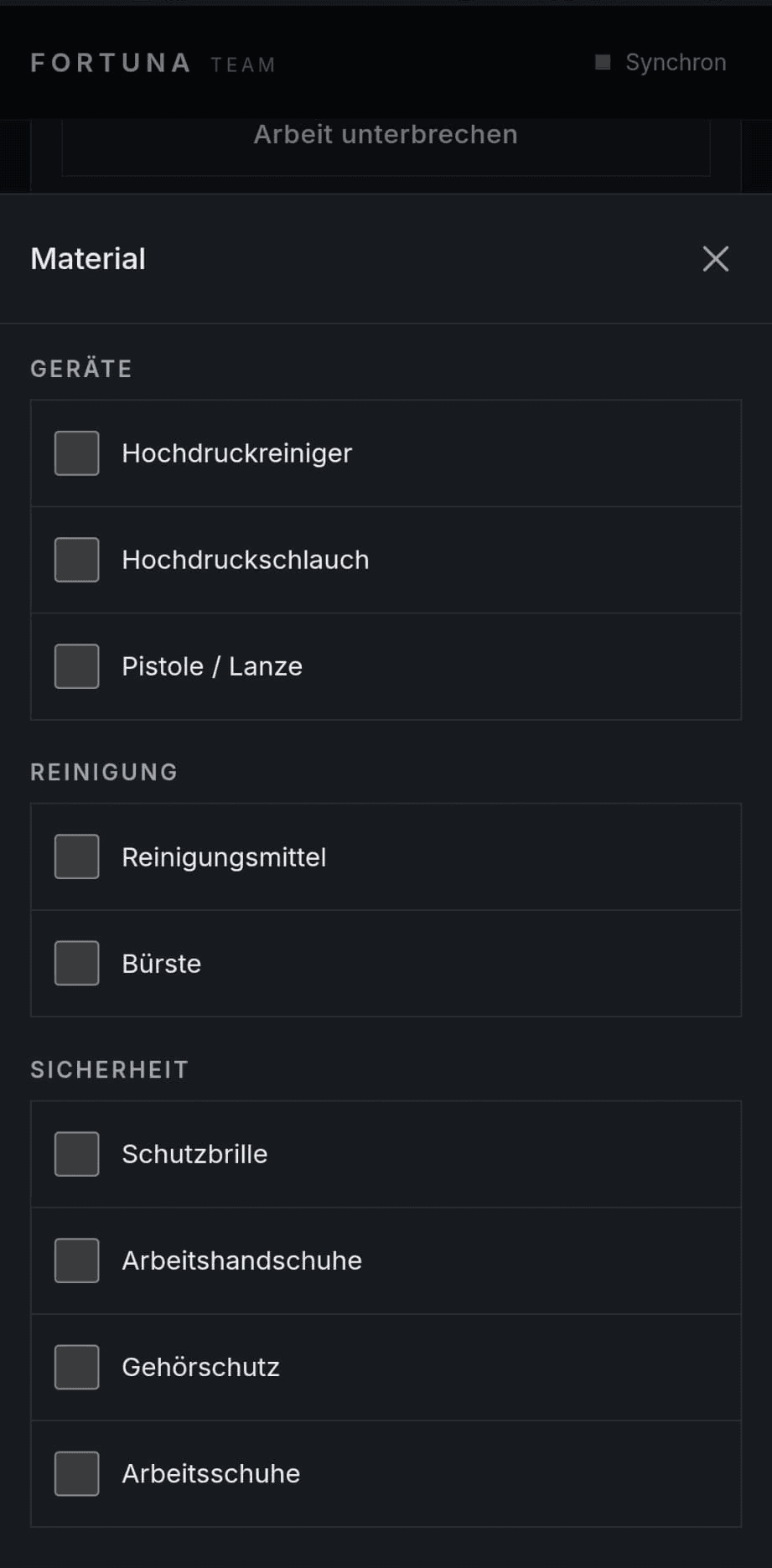 Materialliste mit Geräten, Reinigungsmitteln und Sicherheitsausrüstung zum Abhaken