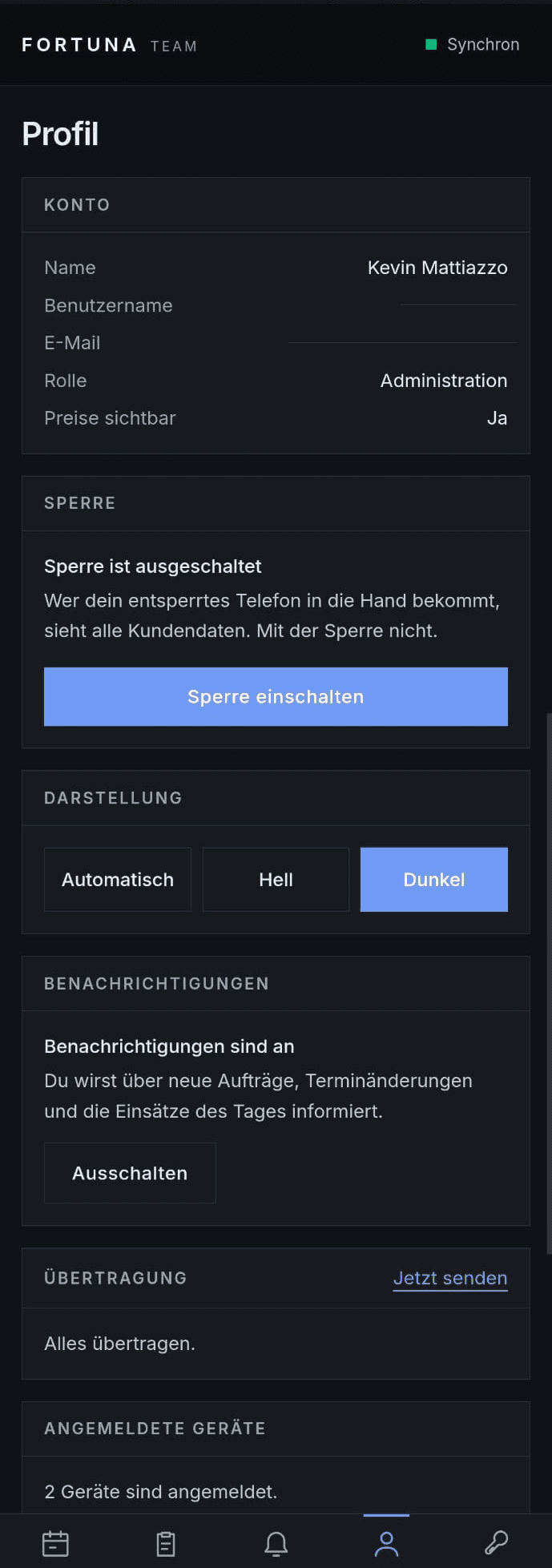Profilansicht mit Konto, Gerätesperre, Darstellung, Benachrichtigungen und Übertragungsstand